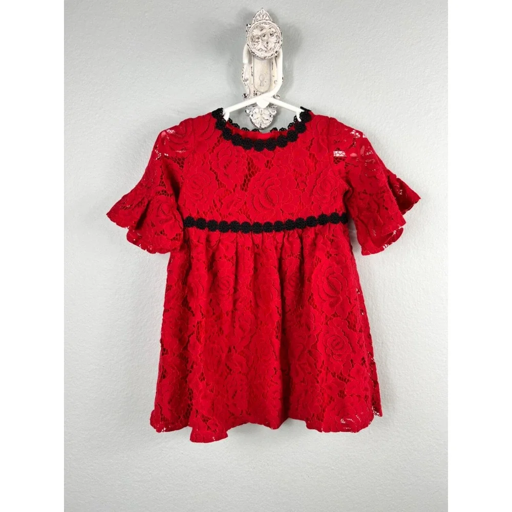 Kate‎ Spade Dress Girls 3 Red Skirt the Rules Floral Lace Rosette Trim Ruffle